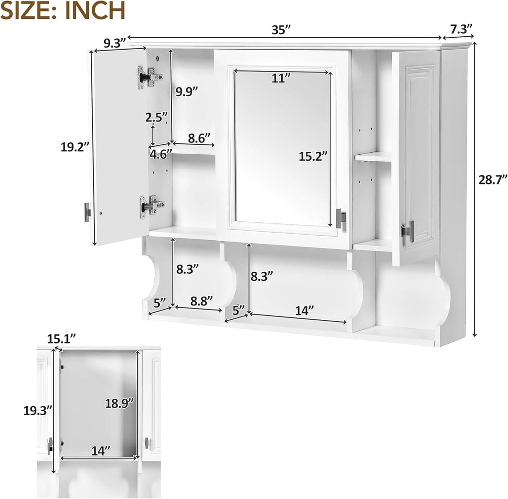 Merax Bathroom Wall Cabinet with Mirror, Wall Mounted Medicine Cabinet with Adjustable Shelves and Open Spaces, 35" x 28" Mirrored Door Over The Toilet Bathroom Storage Cabinet