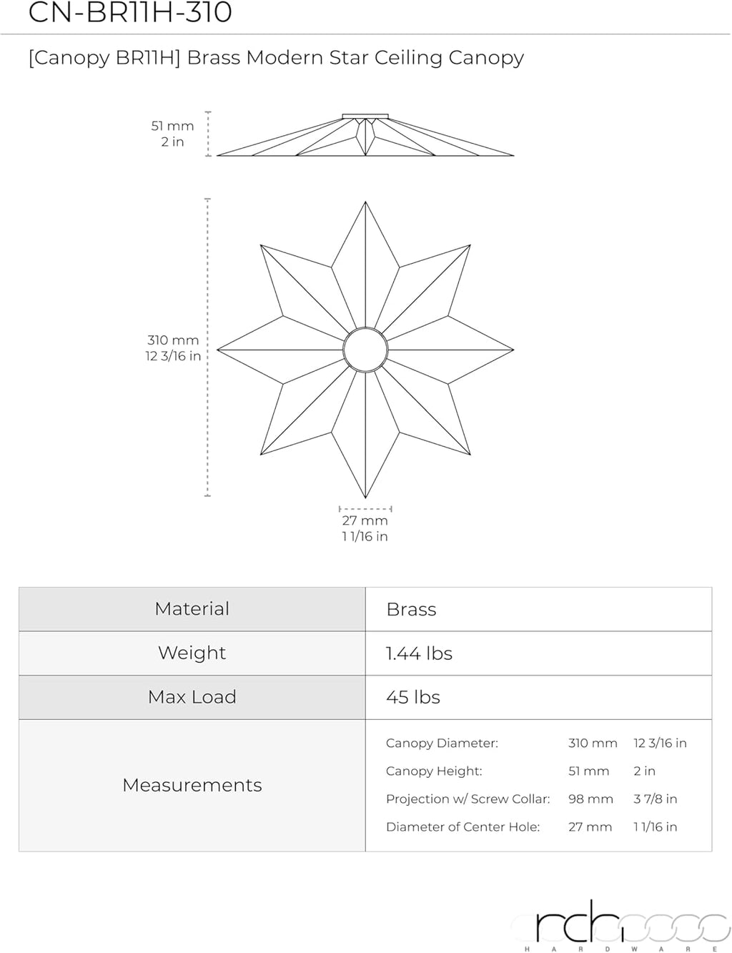 RCH Hardware CN-BR11H-310 Brass Modern Star Ceiling Canopy, 12.2 Inch, Polished Brass