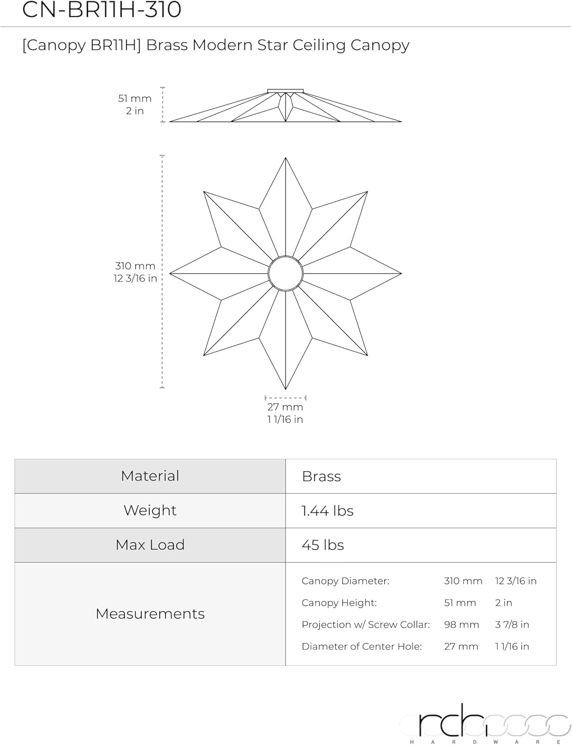 RCH Hardware CN-BR11H-310 Brass Modern Star Ceiling Canopy, 12.2 Inch, Polished Brass