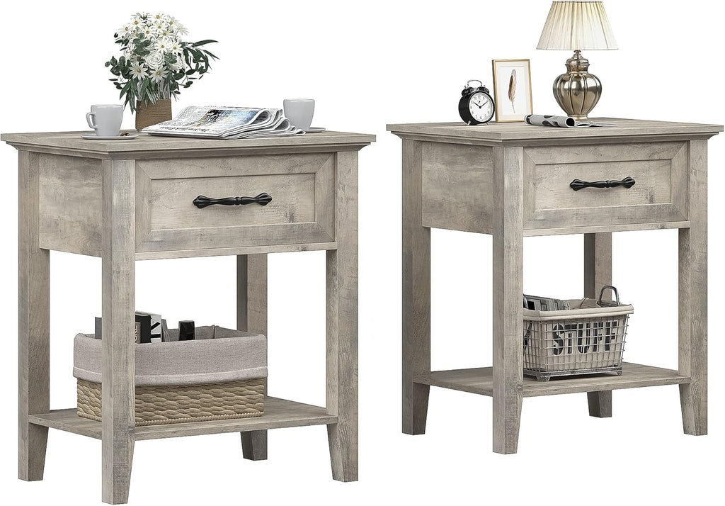 IDEALHOUSE Grey Nightstands Set of 2, End Table with Drawer, Side Table for Spaces, 2 Tiers Storage Shelves with Dresser, Bedside Table for Living Room, Bedroom, Dorm (2pcs-Grey)