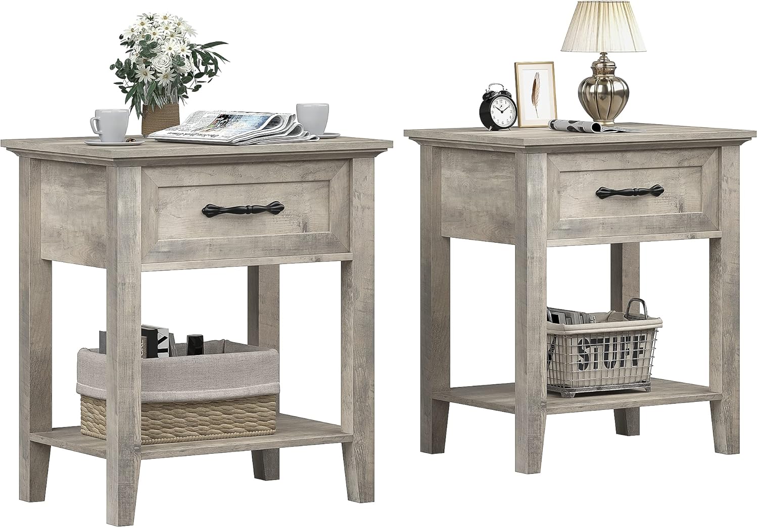 IDEALHOUSE Grey Nightstands Set of 2, End Table with Drawer, Side Table for Spaces, 2 Tiers Storage Shelves with Dresser, Bedside Table for Living Room, Bedroom, Dorm (2pcs-Grey)