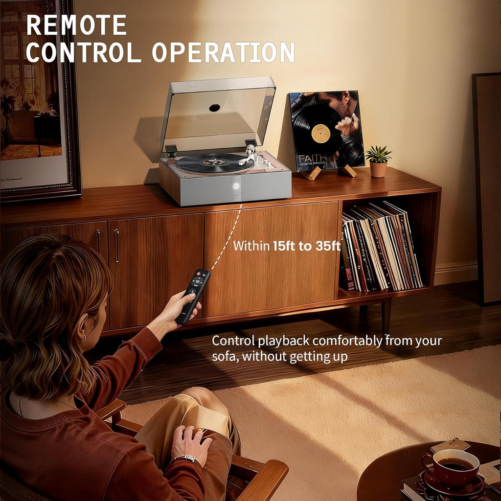 1 BY ONE Fully Automatic Record Player, All-in-One Vinyl Turntable with Automatic Repeat Function, Remote Control, Built in Speakers& DSP, Phono Preamp, AT-3600L Cartridge, Belt Drive 2-Speeds