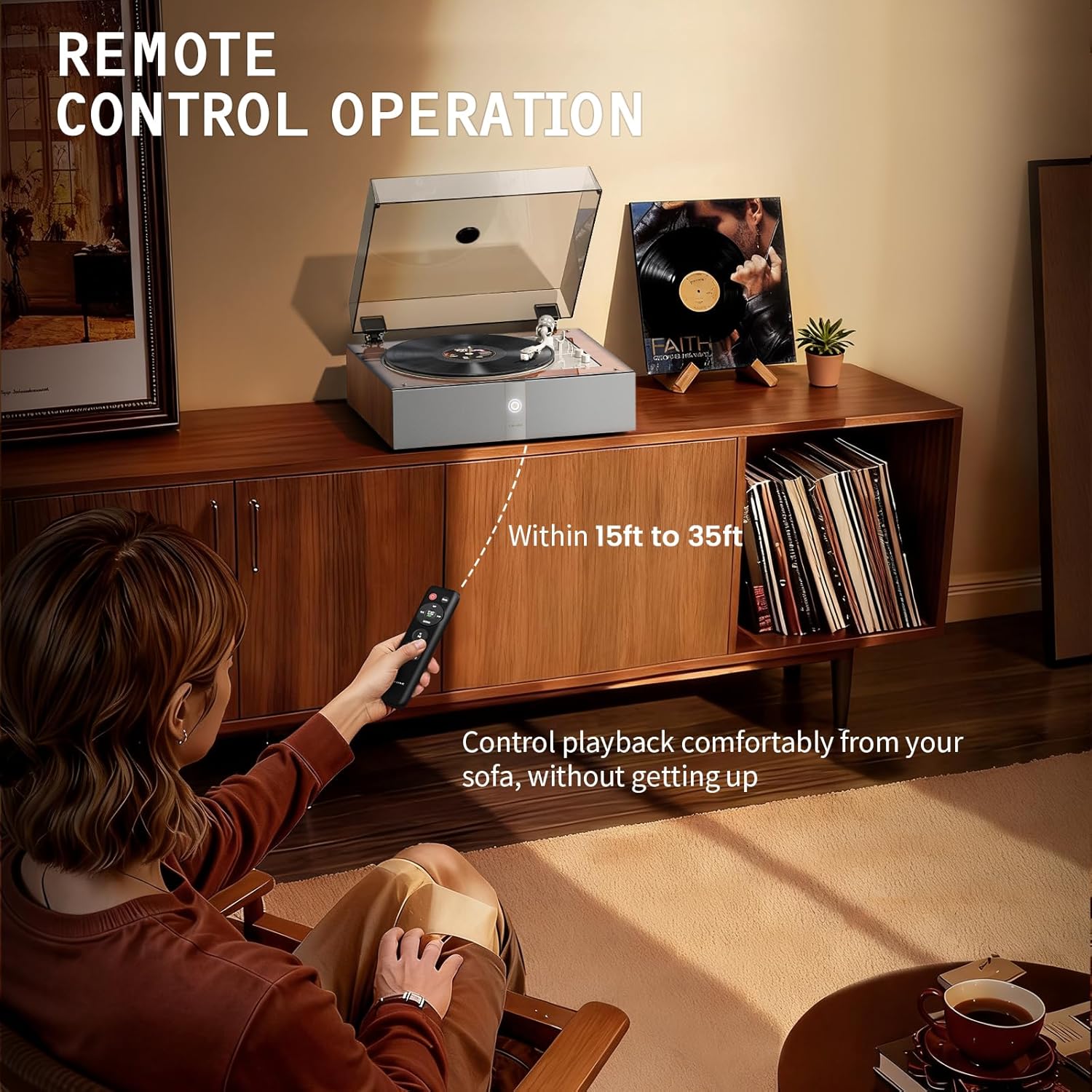 1 BY ONE Fully Automatic Record Player, All-in-One Vinyl Turntable with Automatic Repeat Function, Remote Control, Built in Speakers& DSP, Phono Preamp, AT-3600L Cartridge, Belt Drive 2-Speeds