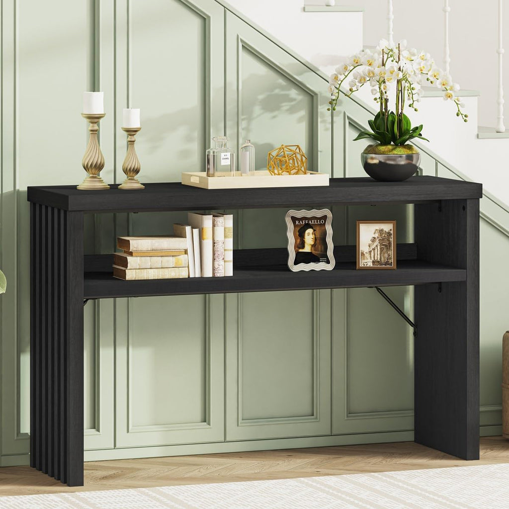 BON AUGURE Black Console Table 47 Inches, Entryway Table with Storage, Sofa Tables Narrow Long, Wooden Couch Tables Behind Sofa for Living Room, 2 Tier Entrance Tables