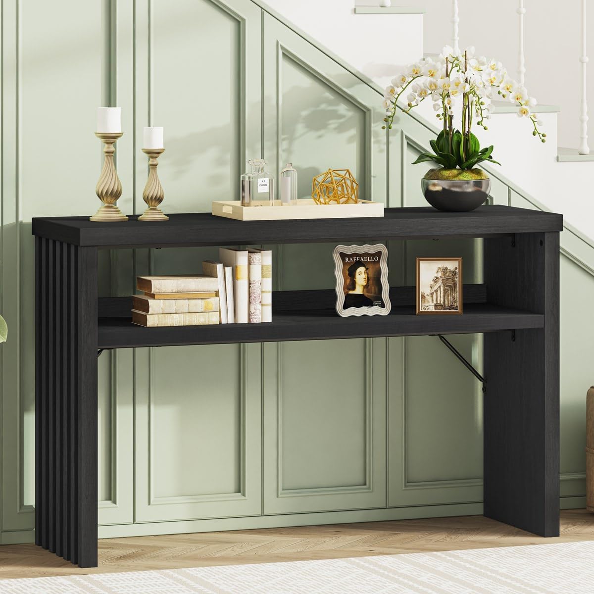 BON AUGURE Black Console Table 47 Inches, Entryway Table with Storage, Sofa Tables Narrow Long, Wooden Couch Tables Behind Sofa for Living Room, 2 Tier Entrance Tables