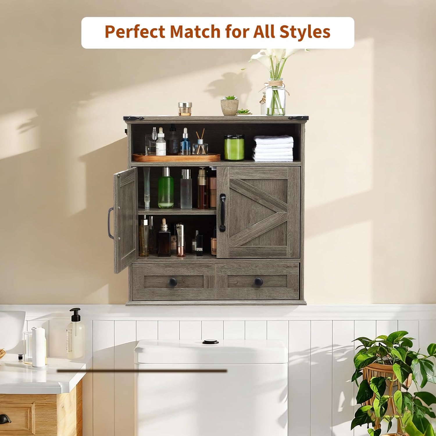 Wall Mounted Bathroom Cabinet with Barn Doors – 25" Wide Medicine Cabinet Over Toilet with Adjustable Shelf & Drawer, Hangging Storage Cabinet for Bathroom, Kitchen, Laundry, Entryway, Gray