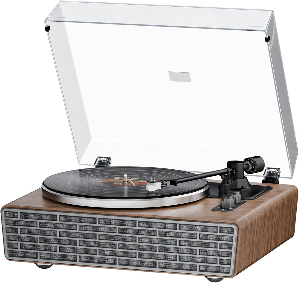 XJ-HOME All in One Vinyl Record Player with 4 Treble/Bass Stereo Speakers,Bluetooth HiFi Turntables for Vinyl Records with Magnetic Cartridge AT-3600L,Phono Preamp,33/45RPM,2-Speed,AUX in/RCA Out