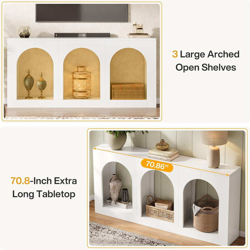 Tribesigns 70.9" White Console Table with Storage, Wood Entryway Entry Table with 3 Arched Shelves for Foyer, Hallway, Living Room, Behind Couch Sofa, Narrow Long