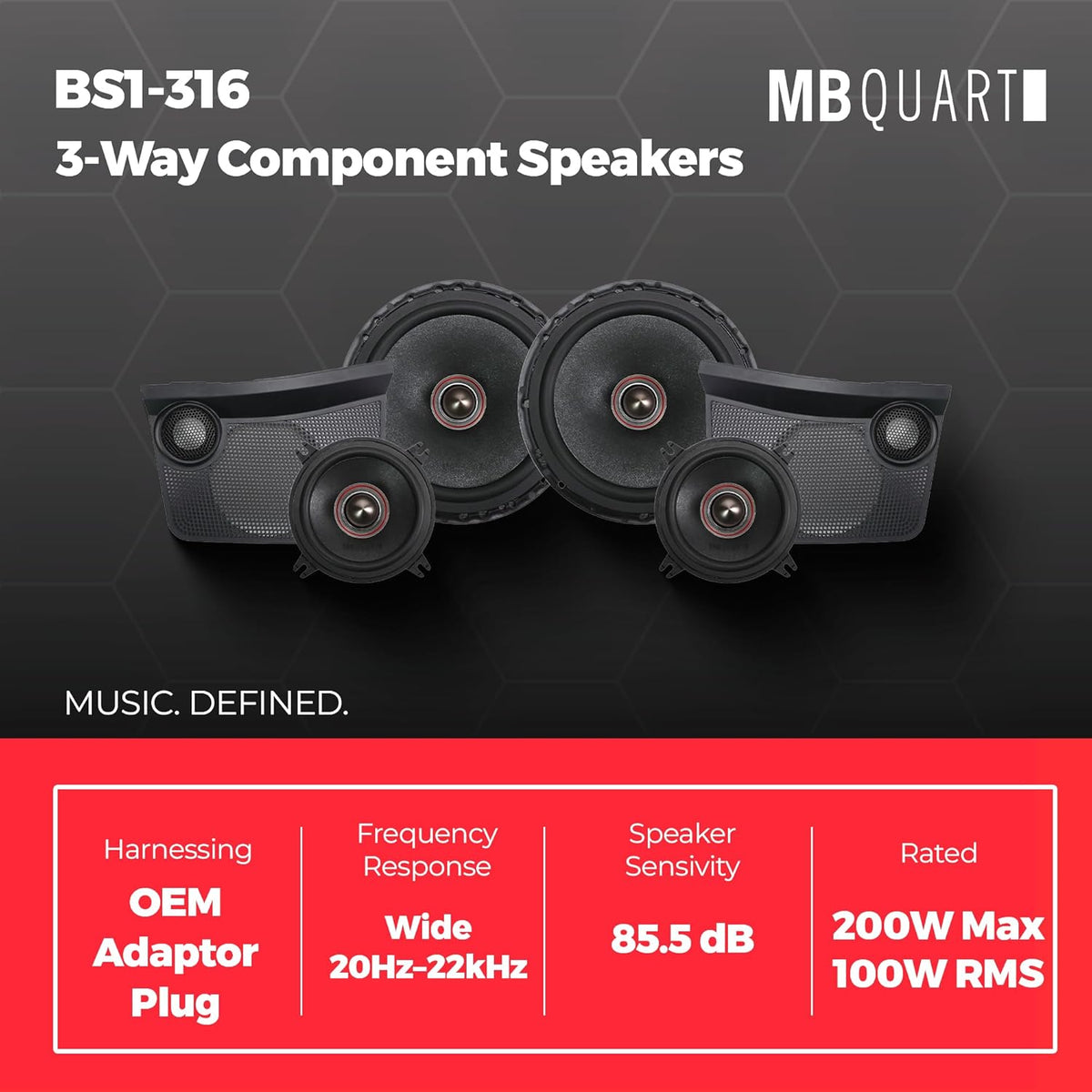 MB Quart Front Dash 3-Way Component Speakers Upgrade Kit for 21-24 Ford Bronco, Tuned Audio Package with 1" Dome Tweeters, 4" and 6.5" Midbass Drivers