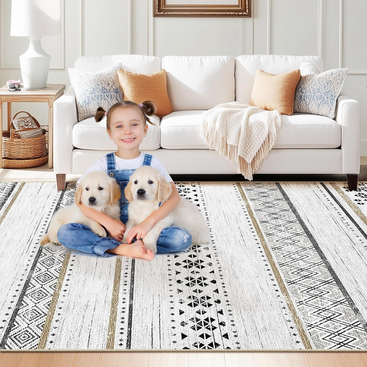 BESTSWEETIE 9x12 Area Rugs for Living Room Washable Moroccan Farmhouse Neutral Geometric Low Pile Non-Slip Soft Print Pattern Rug for Bedroom Kitchen Dining Room Entryway Black/Brown