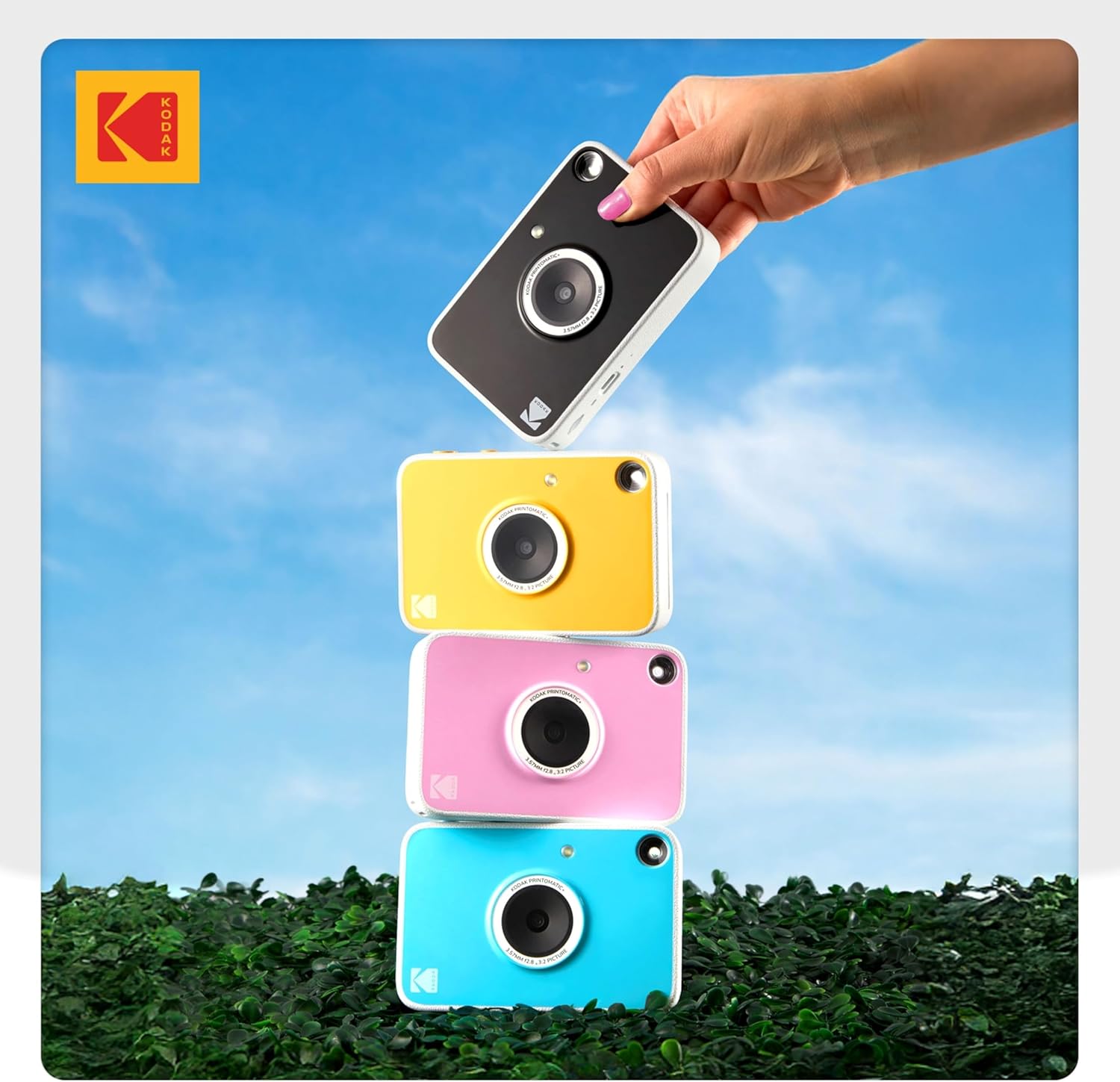 Kodak Printomatic+ Instant Print Digital Camera Starter Bundle + Carrying Case + Zink 20pk Sticky-Back Photo Paper - 10MP, Full-Color Photos, GB LED Status Indicator - Black