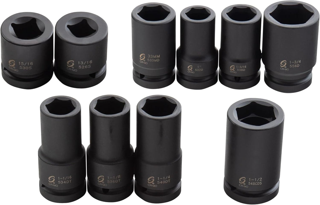 Sunex 5690A, 1 Inch Drive Heavy Duty Wheel Impact Socket Set, 10-Piece, SAE/Metric, Deep/Deep Thin Wall/Square/Controlled Depth, Cr-Mo Steel, Storage Case, Black