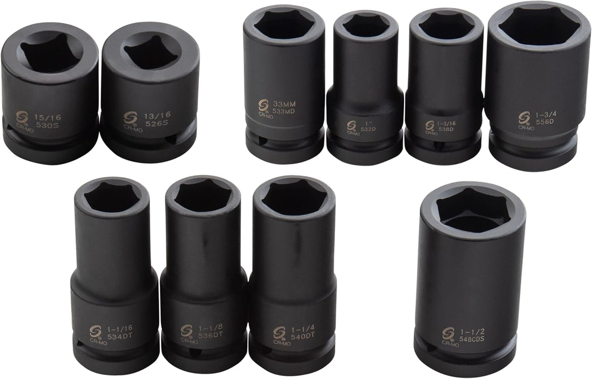 Sunex 5690A, 1 Inch Drive Heavy Duty Wheel Impact Socket Set, 10-Piece, SAE/Metric, Deep/Deep Thin Wall/Square/Controlled Depth, Cr-Mo Steel, Storage Case, Black