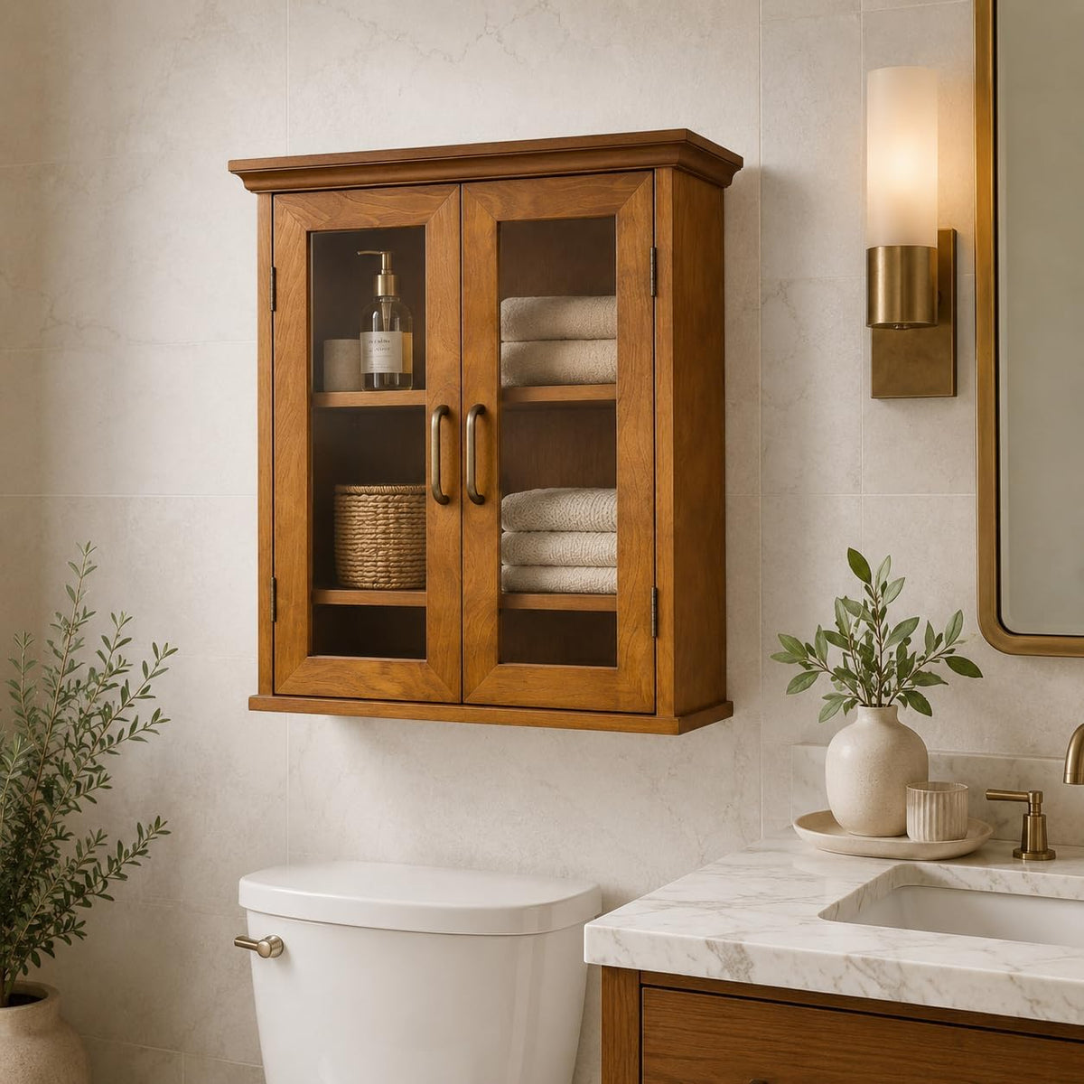 Teamson Home Avery Wooden Over The Toilet Bathroom Removable Wall Medicine Cabinet with 2 Adjustable Shelves 3 Storage Spaces 2 Glass-Paneled Doors and Antique Brass Knobs, Oiled Oak