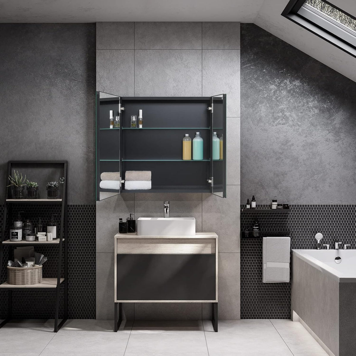 Fundin Black Aluminum Medicine Cabinet 24 x 24 Inch Recessed or Surface Mount, with Double Door and Adjustable Shelves.