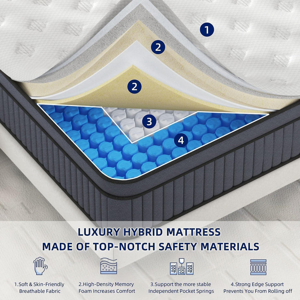 EEN EEN SLEEP 14 Inch Medium Firm King Size Mattress Upgraded King Hybrid Mattresses in A Box with Gel Memory Foam & Pocket Springs, Strong Edge Support,Pressure Relief,CertiPUR-US,365-Night Trial