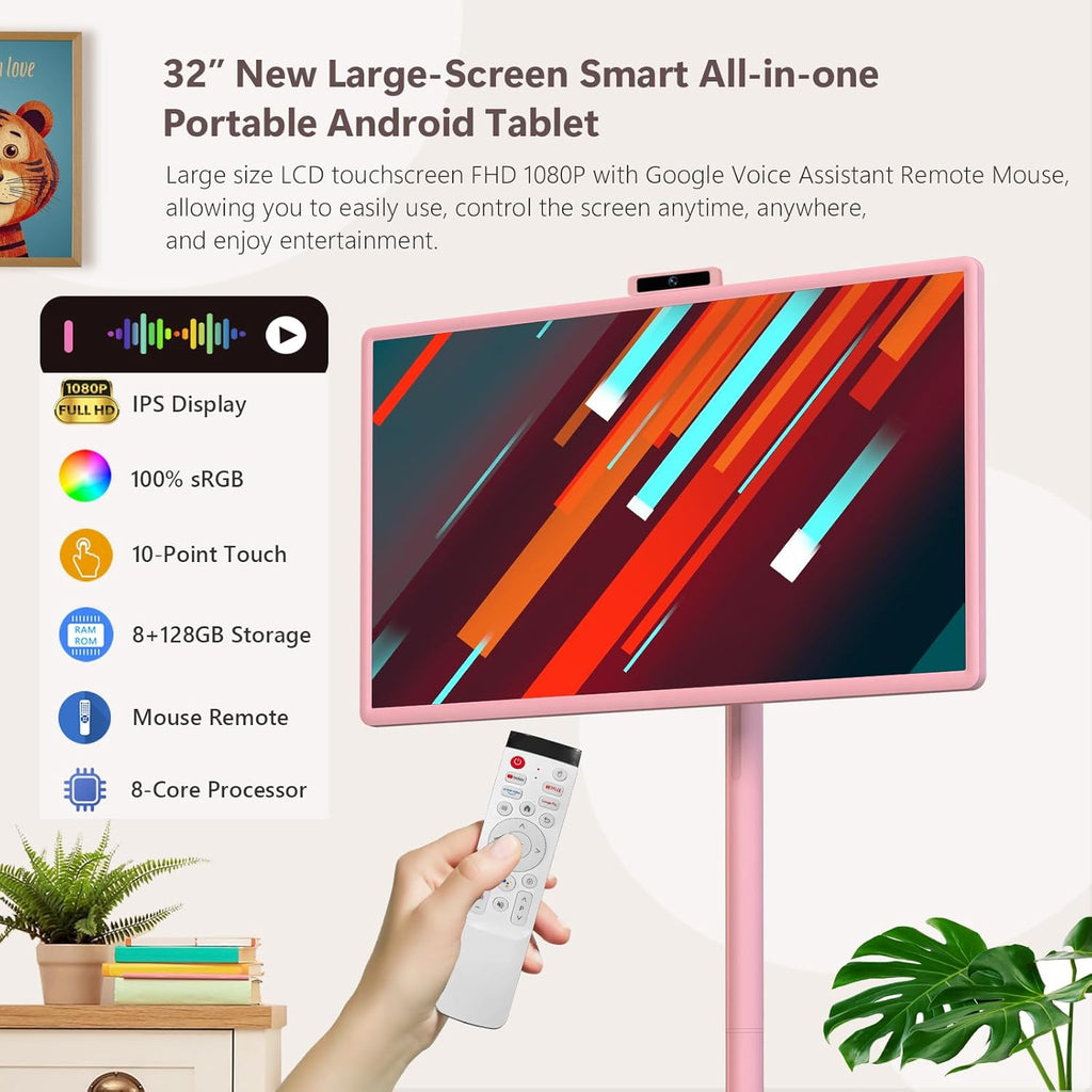 OFD 32" Portable TV on Wheels FHD,Android 15,EDLA-Certified,Rolling TV with 8+128GB ROM,Portable Touch Screen Monitor,Built-in Battery 6-8H Play Time,Voice Remote Control,8MP Webcam,Speaker,Rotatable