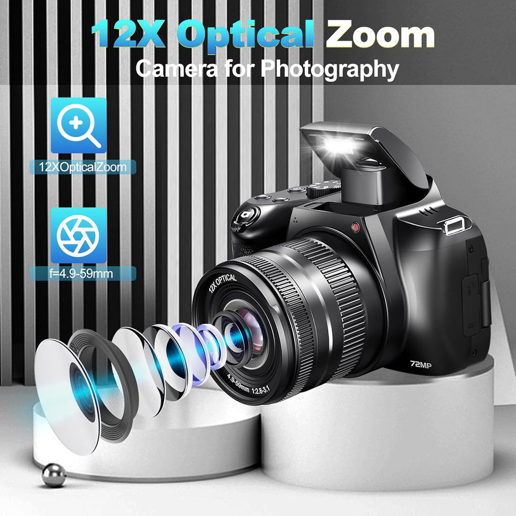 4K Digital Camera for Photography - 12X Optical Zoom 72MP Vlogging Camera for YouTube with 3" 270° Flip Screen, Autofocus Compact Camera with 2 Batteries 64GB SD Card, USB Card Reader & Charging Stand