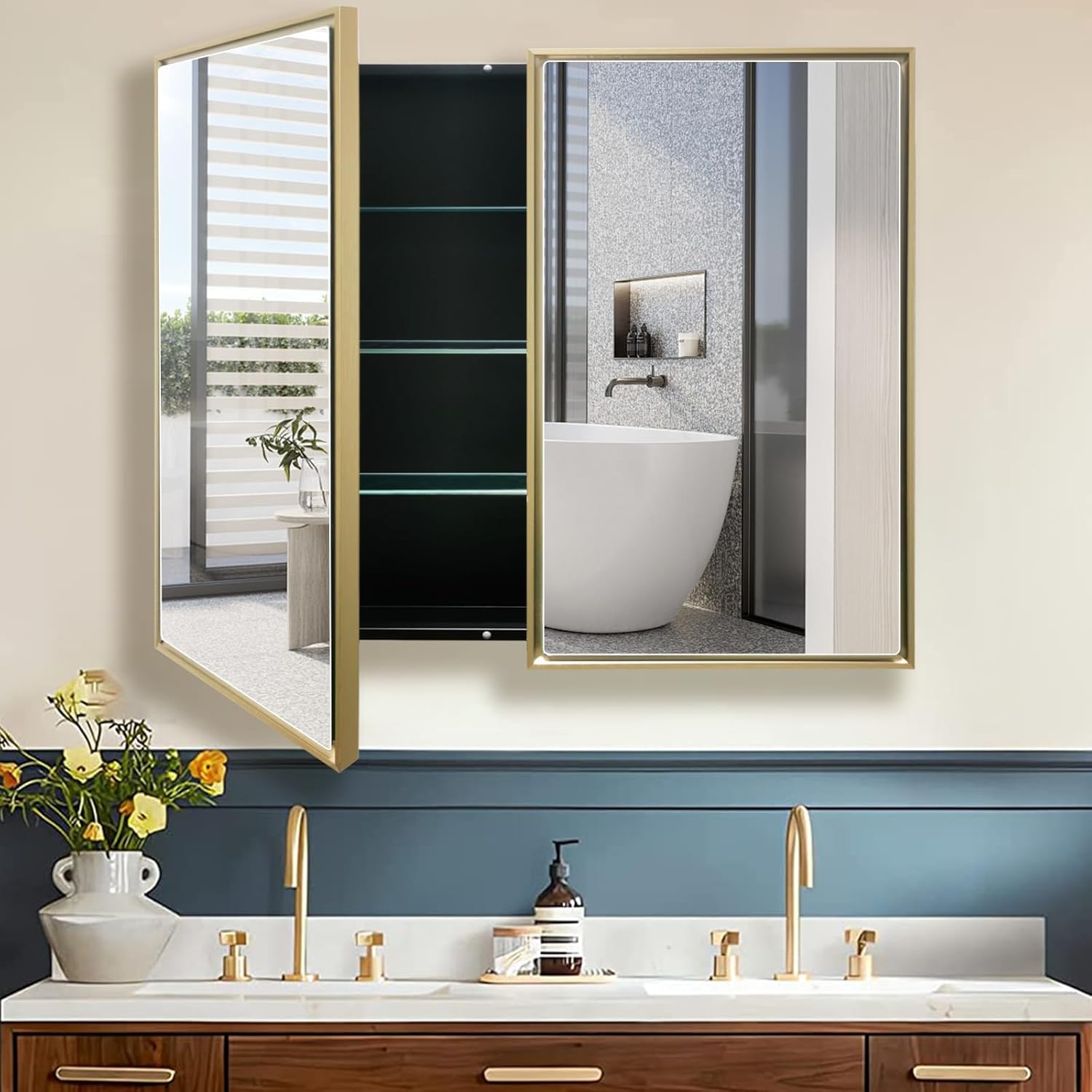 Medicine Cabinet, 36"x32" Aluminum Framed Double Door Bathroom Mirror Cabinet, Surface or Recessed Mount, Vanity Mirror with Storage, Soft Close Hinges, Detachable Glass Shelves for Bathroom