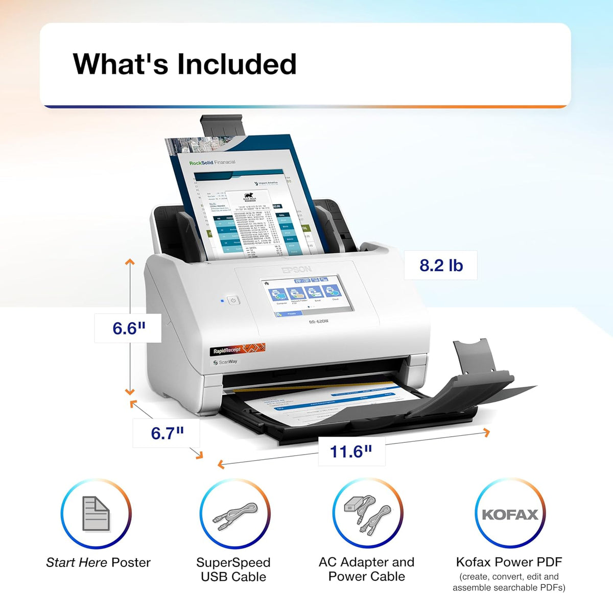 Epson RapidReceipt RR-620W Wireless & USB High-Speed AI & Cloud Ready Desktop Color Duplex Receipt & Document Scanner for Mac & PC, up to 45 ppm, 4.3" Color Touchscreen, 100-Page Auto Document Feeder