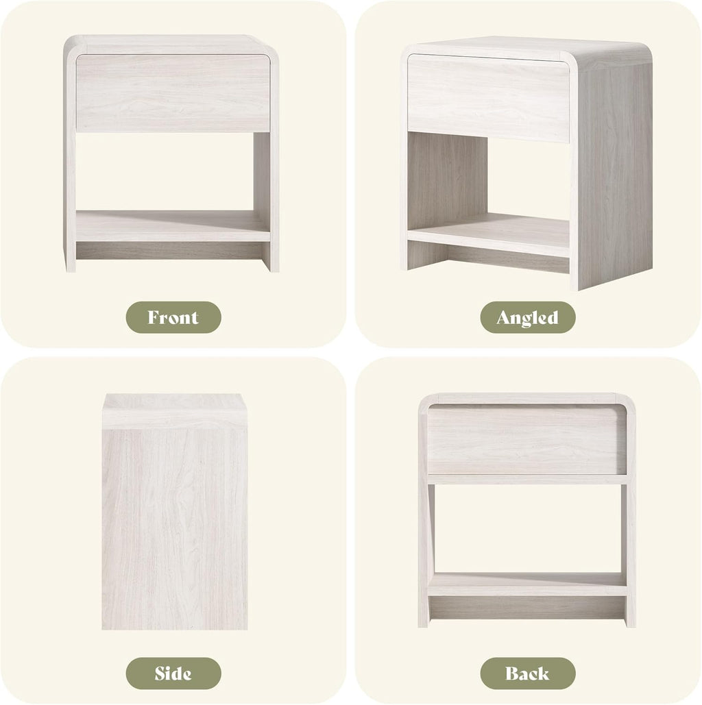 AMERLIFE Modern Night Stand Set 2 with Storage Drawer & Open Shelves, 24" Round Bedside Table Nightstand with Curved Top Corners for Bedroom Living Room Sofa Office, End Table for Small Spaces, White