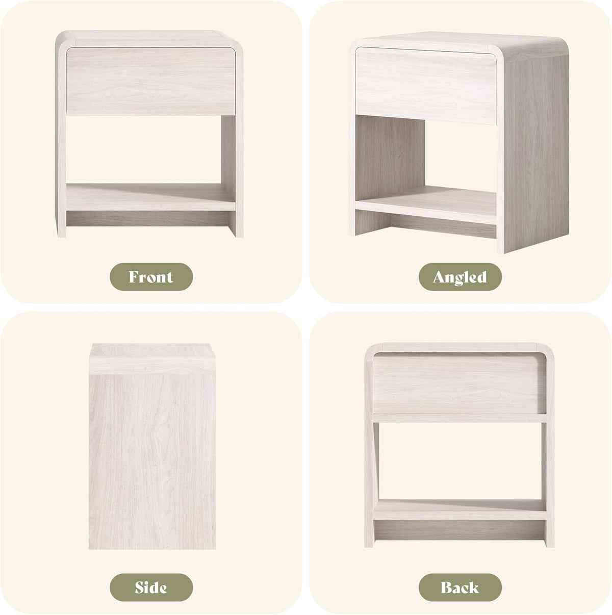 AMERLIFE Modern Night Stand Set 2 with Storage Drawer & Open Shelves, 24" Round Bedside Table Nightstand with Curved Top Corners for Bedroom Living Room Sofa Office, End Table for Small Spaces, White