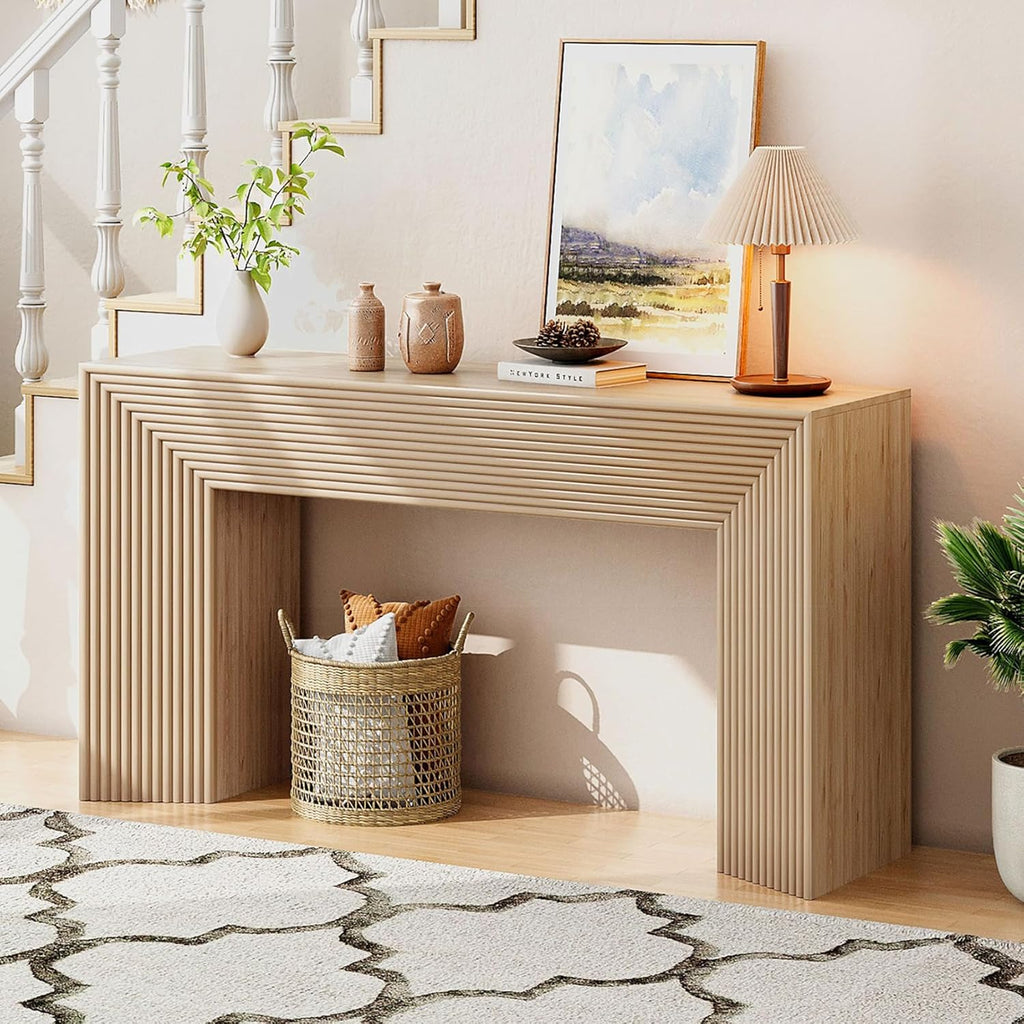 55-Inch Wood Entryway Table with Storage, Narrow Long Sofa Table Behind Couch, Fluted Console Table for Entryway, Hallway, Living Room, Accent Table for Decoration and Organization, Natural Wood