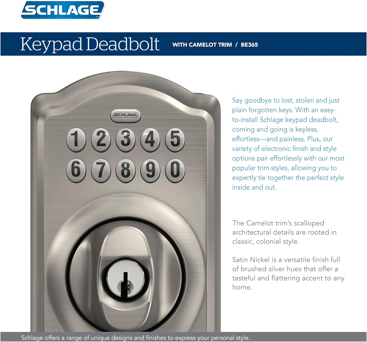 Schlage Camelot Electronic Keypad Deadbolt Lock, Keyless Front Door Entry, Mechanical Key Backup Included, Satin Nickel, BE365 V CAM 619