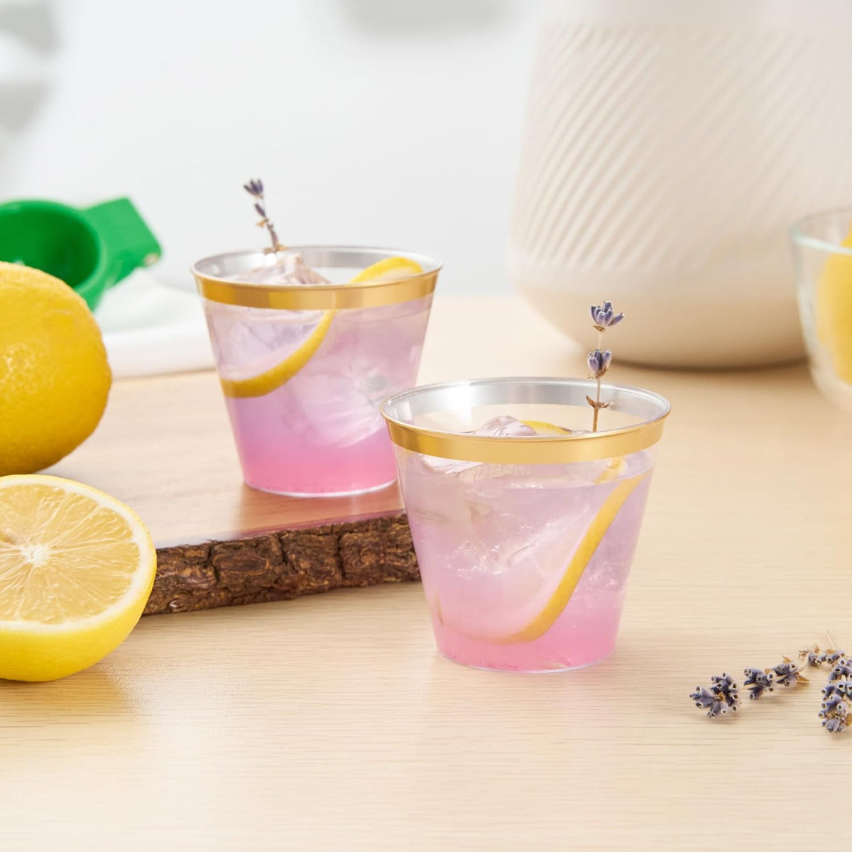 Restaurantware 5 oz Plastic Cups 500 Count Chef 101 Clear Disposable Cup with Gold Rim Drinkware Cold Beverage Tumbler Durable Design for Parties and Events