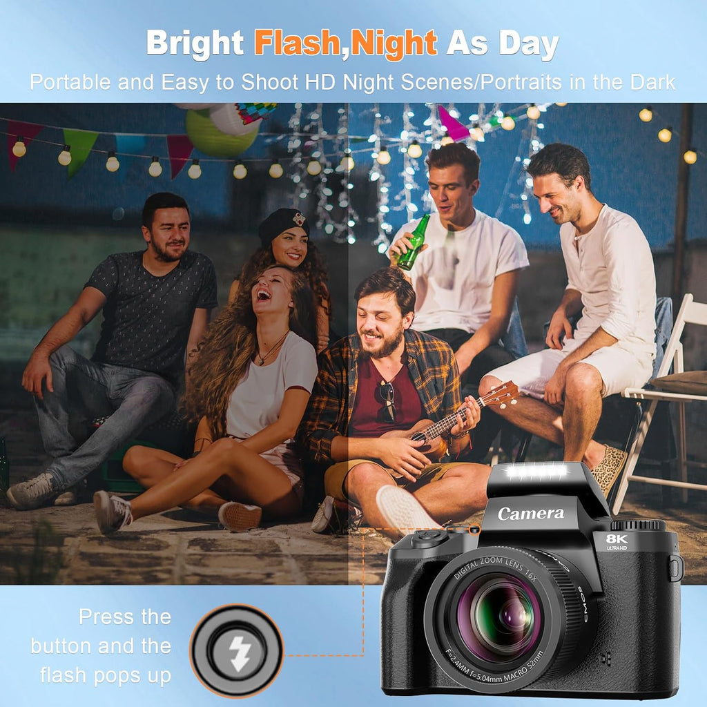 8K Digital Camera for Photography,64MP WiFi Dual-Lens Vlogging Camera for YouTube with 16X Digital Zoom,Flash,Touch Screen,32GB TF Card,Lens Hood,HDMI Output & 3000mAH Battery(Black)