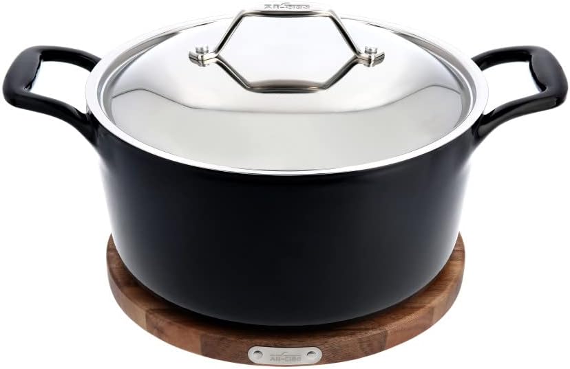 All-Clad Cast Iron Enameled Dutch Oven with Acacia Trivet 6 Quart Induction Oven Broiler Safe 650F Pots and Pans, Cookware Black