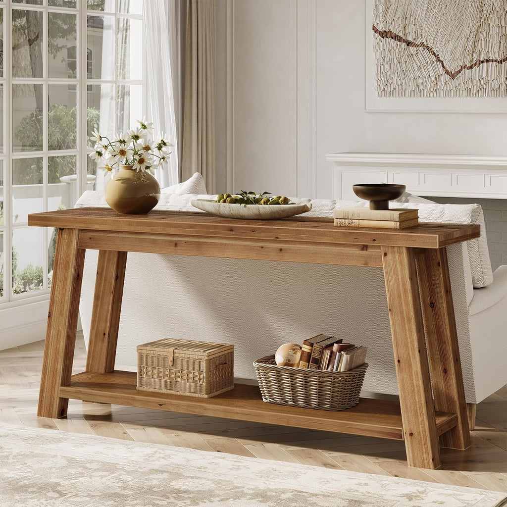 LITTLE TREE 70.9" Solid Wood Console Table for Entryway, 2-Tier Sofa Table Behind Couch, Farmhouse Entryway Table for Living Room, Bedroom, Foyer, Brown