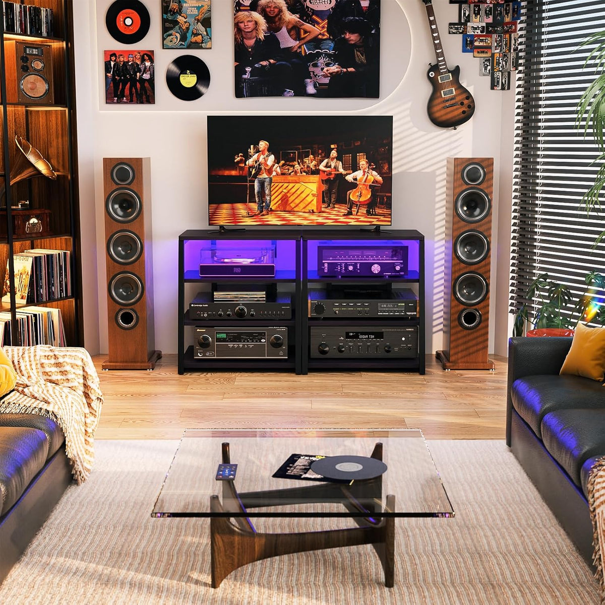 Besiost AV Media Stand with Outlets, Media Console with LED Lights, Stereo Racks and Stands with Storage Shelves, Media Audio Tower Cabinet, Black Enoby