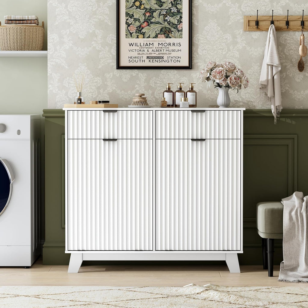 Double Tilt Out Laundry Hamper Cabinet, 20 Gallon Wooden Trash Can Cabinet with Drawers, Hidden Fluted Bathroom Storage Cabinet for Kitchen, Living Room (White, 39.34" W x 35.83" H x 13" D)