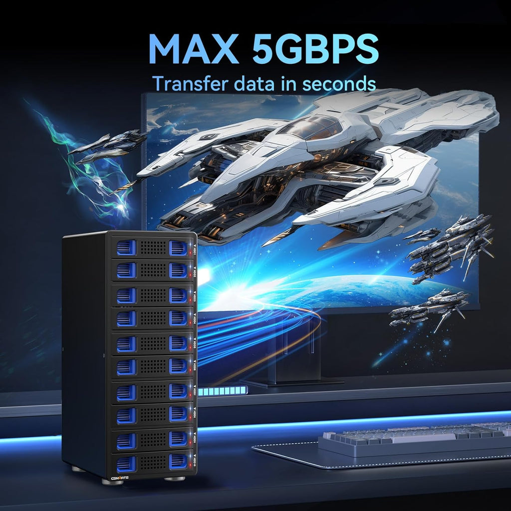 CENMATE Aluminum 10 Bay Hard Drive RAID Enclosure with Cooling Fan for 2.5/3.5" SATA HDD/SSD with USB A/C 3.0＋eSATA Cable, 3.5 Hard Drive Enclosure Supports 160TB Capacity, 8 RAID Modes, DAS(NO NAS)