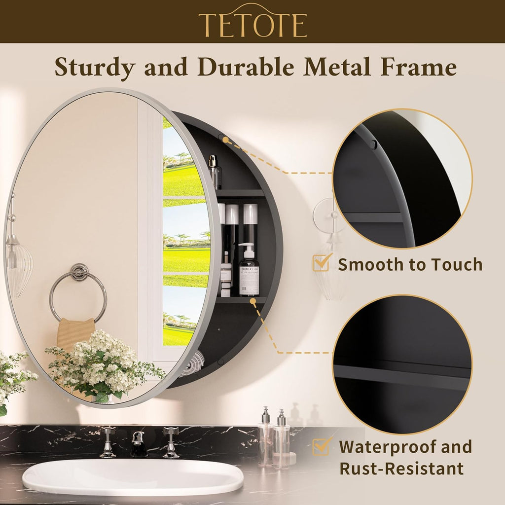 TETOTE Bathroom Mirror Cabinet 28 x 28 Matte Silver Gray Round Bathroom Medicine Cabinet with Mirror Adjustable Shelves Farmhouse Wall Mirror with Storage Surface Mounted