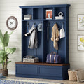 4-in-1 Hall Tree with Wood Grain Bench, Entryway Shoe Storage Organizer with Coat Rack, 2 Large Drawers, and 6 Golden Hooks for Hallway, Foyer Organizer Furniture, Blue