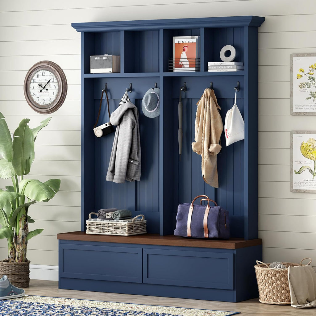 Merax Wood Hall Tree with 6 Hooks & Entryway Bench, Farmhouse Mudroom Versatile Coat Racks with 2 Large Drawers, Entrance Organizer for Hallway, Blue