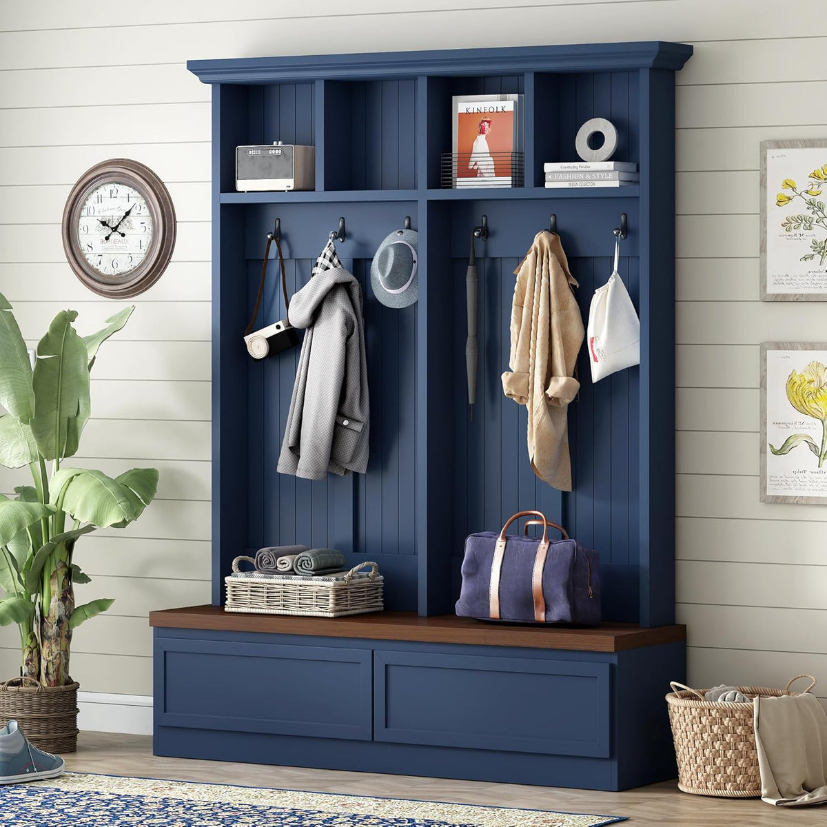 Merax Wood Hall Tree with 6 Hooks & Entryway Bench, Farmhouse Mudroom Versatile Coat Racks with 2 Large Drawers, Entrance Organizer for Hallway, Blue