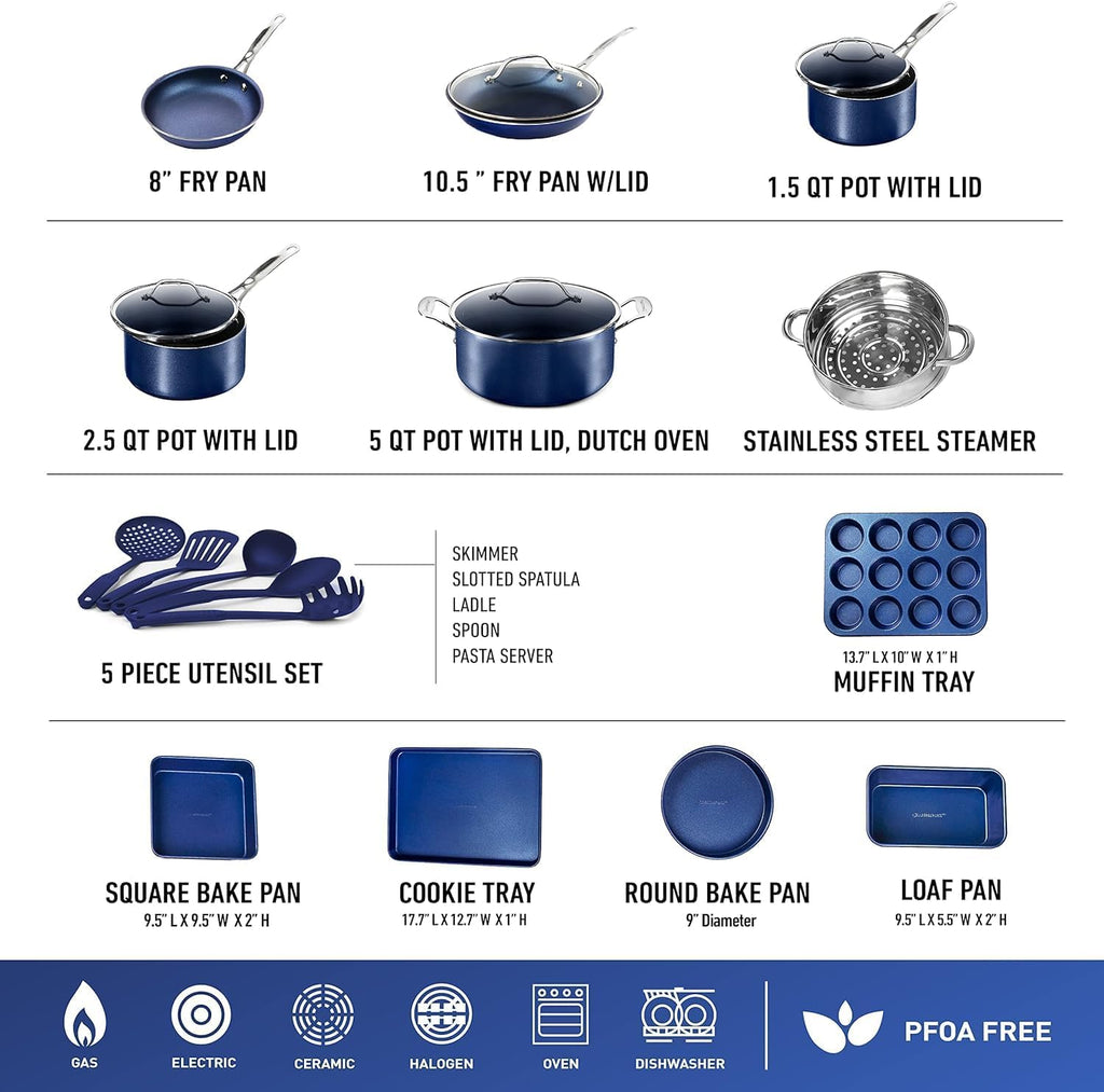 Granitestone 20 Pc Kitchen Pots and Pans Set Non Stick Cookware Set, Kitchen Cookware Sets with Cooking Utensils and Bakeware Set, Made Without PFOA and PFOS, Oven and Dishwasher Safe