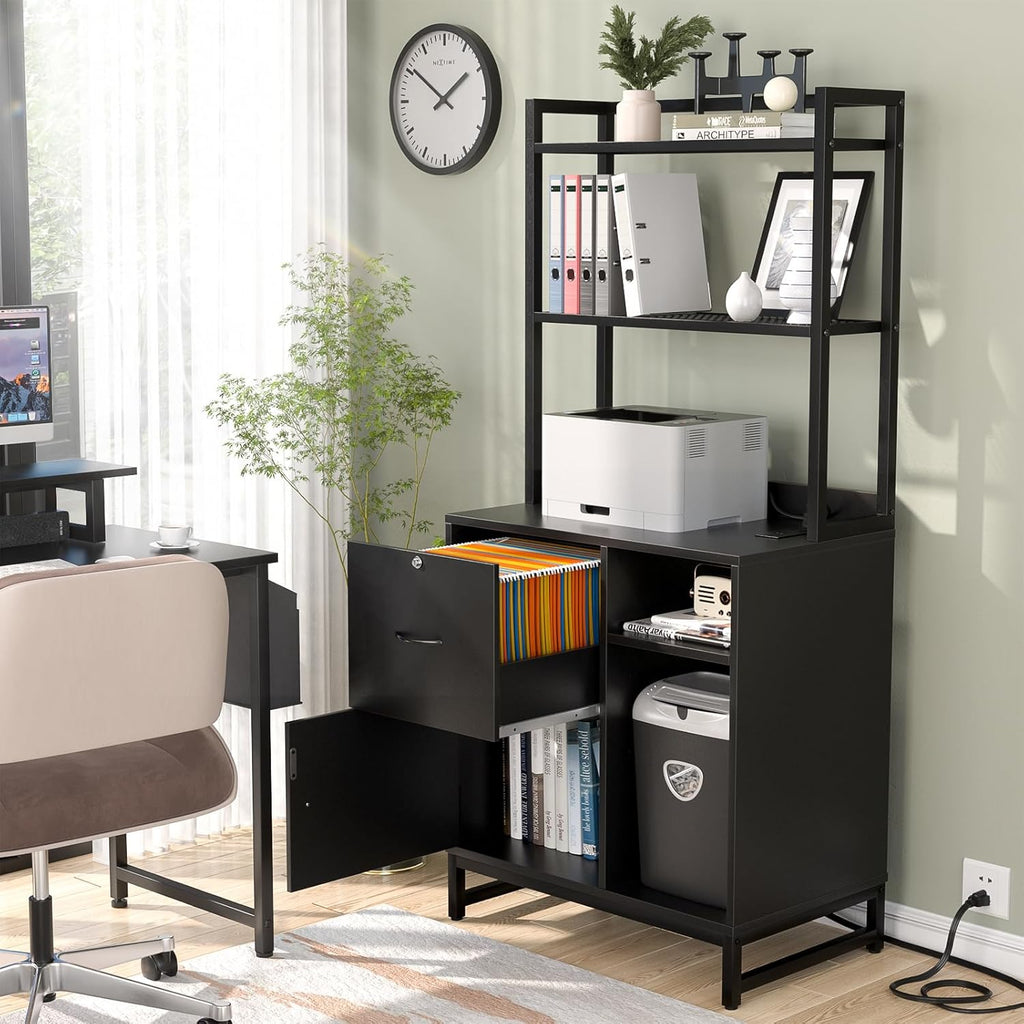 Homieasy Vertical Filing Cabinet with Bookshelf for Home Office, File Cabinet with Shelves, Lock & Charging Station, Drawer Office File Cabinets with Printer Stand, fits Letter Size, Black