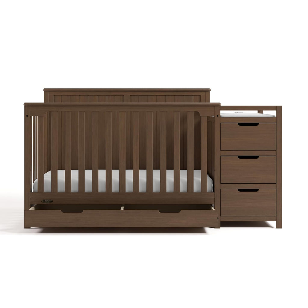 Graco Hadley 5-in-1 Convertible Crib & Changer – GREENGUARD Gold Certified, Fits Standard Crib Mattress, Converts to Toddler Bed and Full Bed, 4 Adjustable Mattress Heights (Hazelnut)