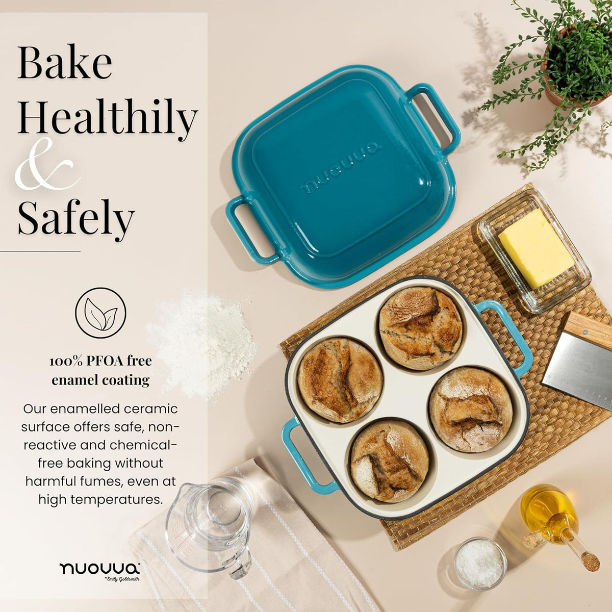 QuadPro Enamelled Cast Iron Bread Loaf Pot – Dutch Oven for Sourdough Bread Baking – 500°F Oven Safe Non Stick Bread Pot – 4 Round Loaf Spaces (4.90-inch Diameter), Light Blue – by Nuovva