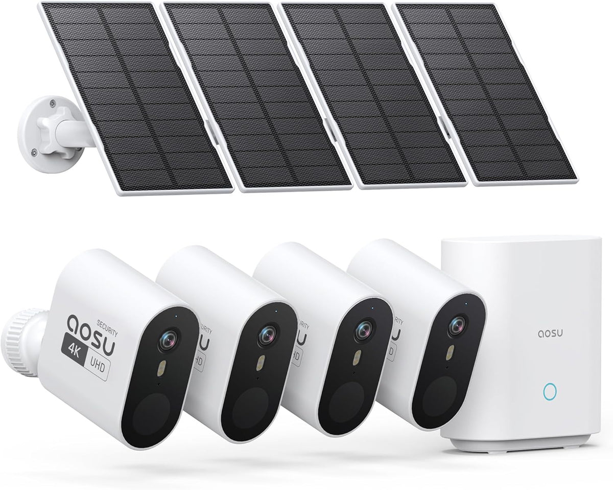 aosu 3K/5MP Security Cameras Outdoor Wireless Home Surveillance System, Solar Powered, 166° Ultra-Wide-Angle, HD Color Night Vision, Spotlight & Siren Alarm, Motion Alert, Easy Setup, 4-Cam-Kit