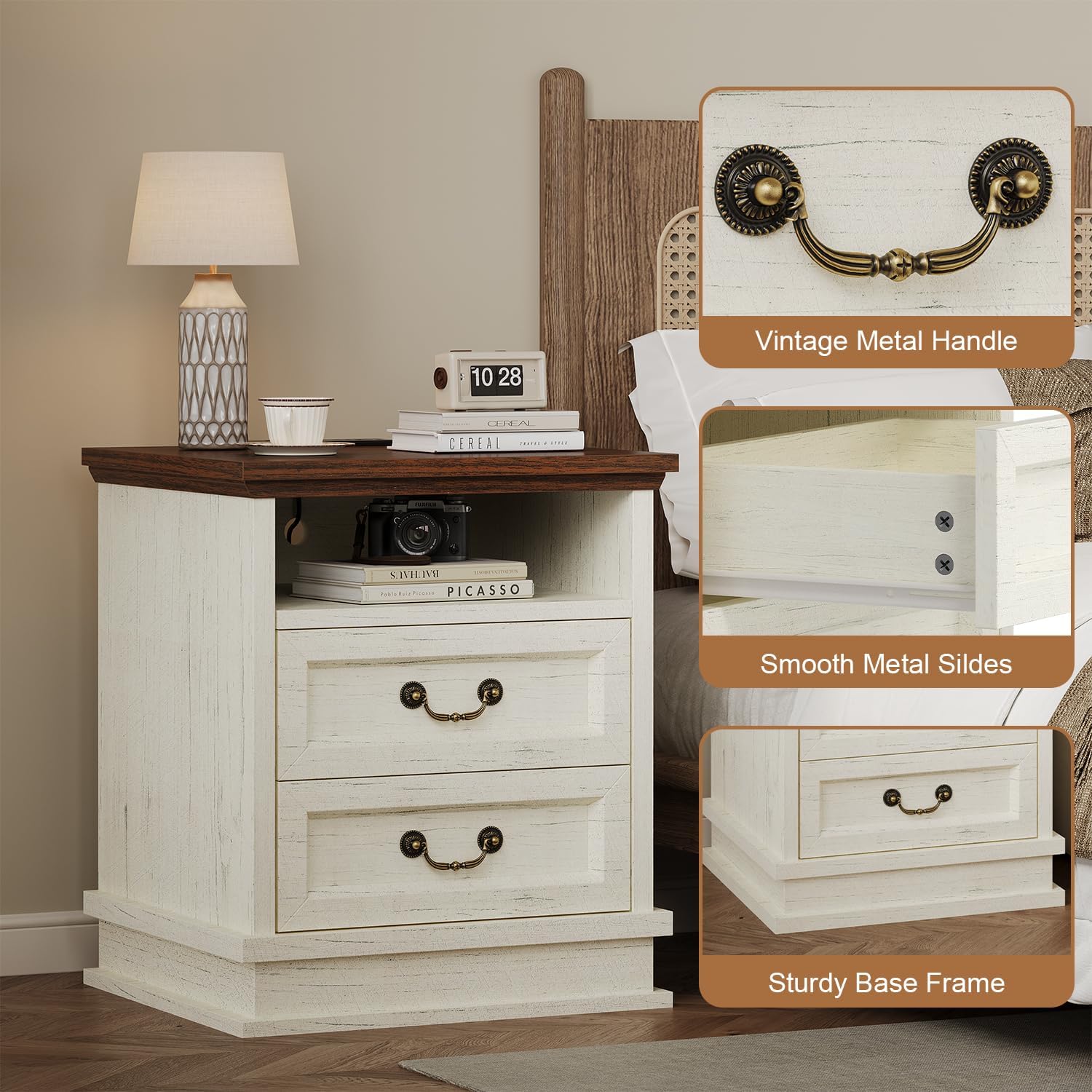 knoword 18'' Wide Farmhouse Nightstands with Charging Station, Wood Square Nightstand with 2 Large Drawers, Bedside Table, Rustic End Table for Bedroom, White