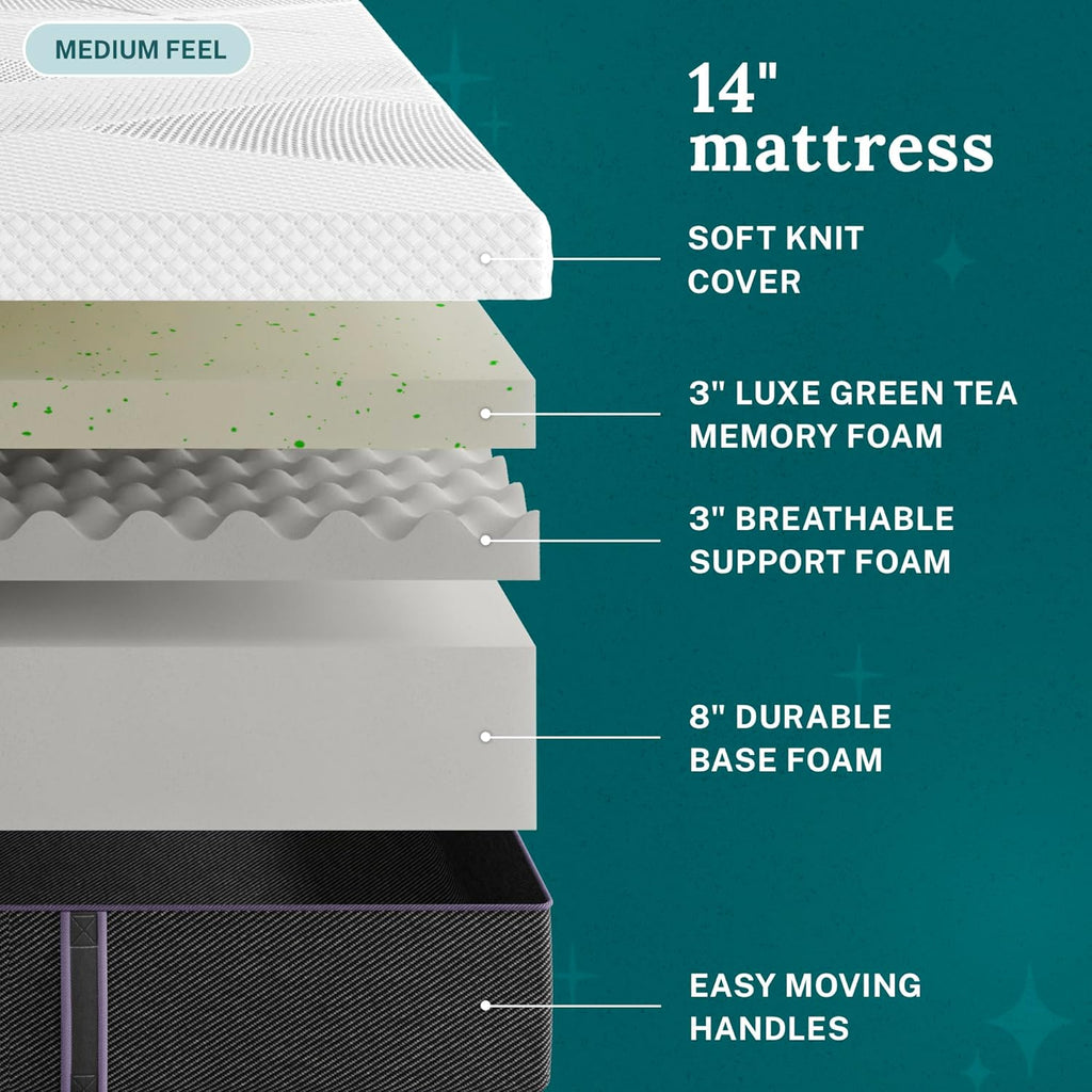 Sleep Innovations Shiloh 14 Inch Green Tea Memory Foam Mattress, Queen Size, Bed in a Box, Medium Feel