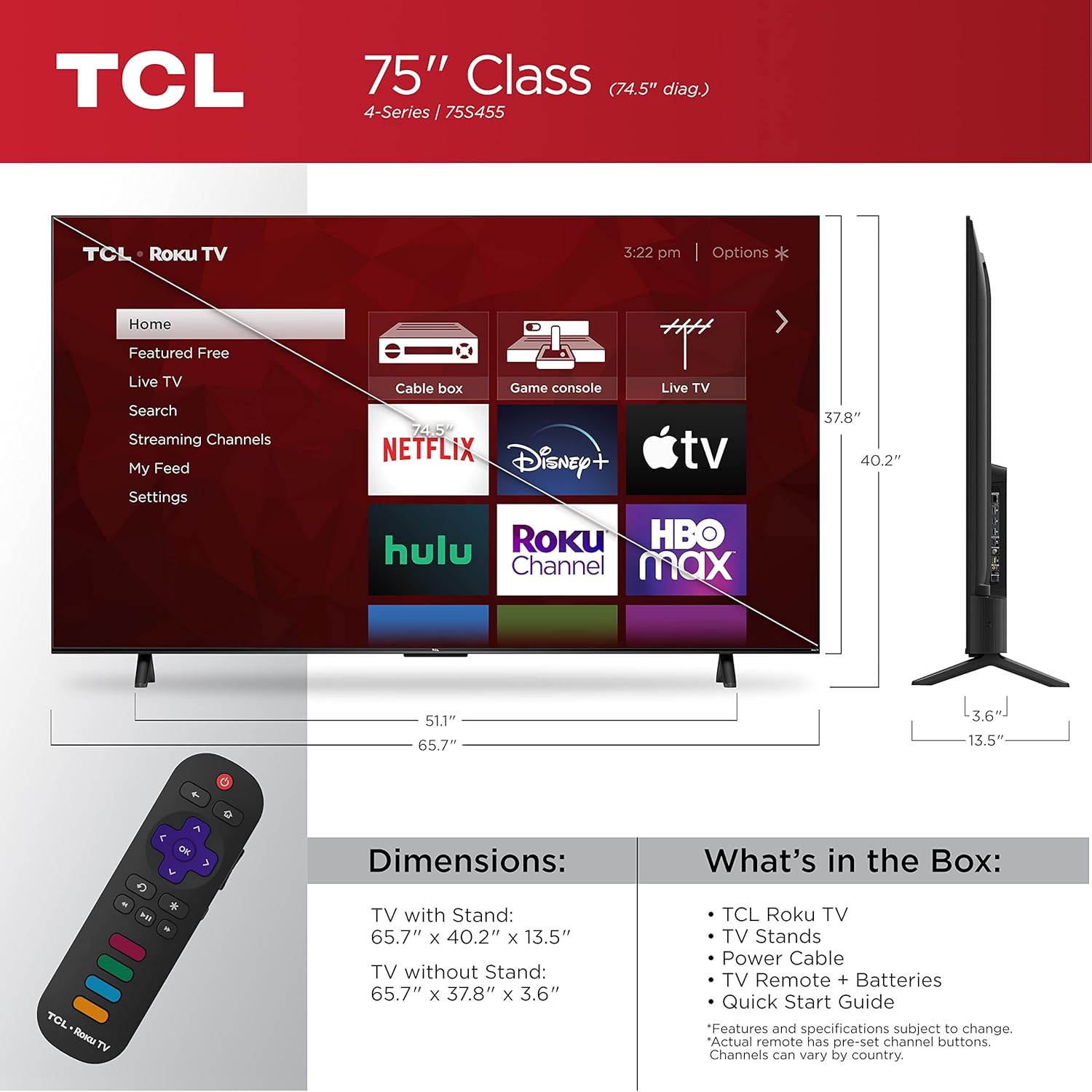 TCL 75" Class 4-Series 4K UHD HDR Smart Roku TV(Wi-Fi, RF, USB, Ethernet, HDM) I - 75S455