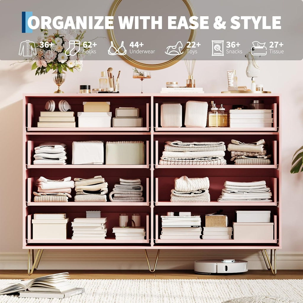 Garvee Fluted Dresser for Bedroom with 8 Drawers,55" Wide Modern Chest of Wooden Bedroom Chest with Metal Handle,Clothes Storage Organizer,Closet Dresser & TV Stand for Living Room,Hallway