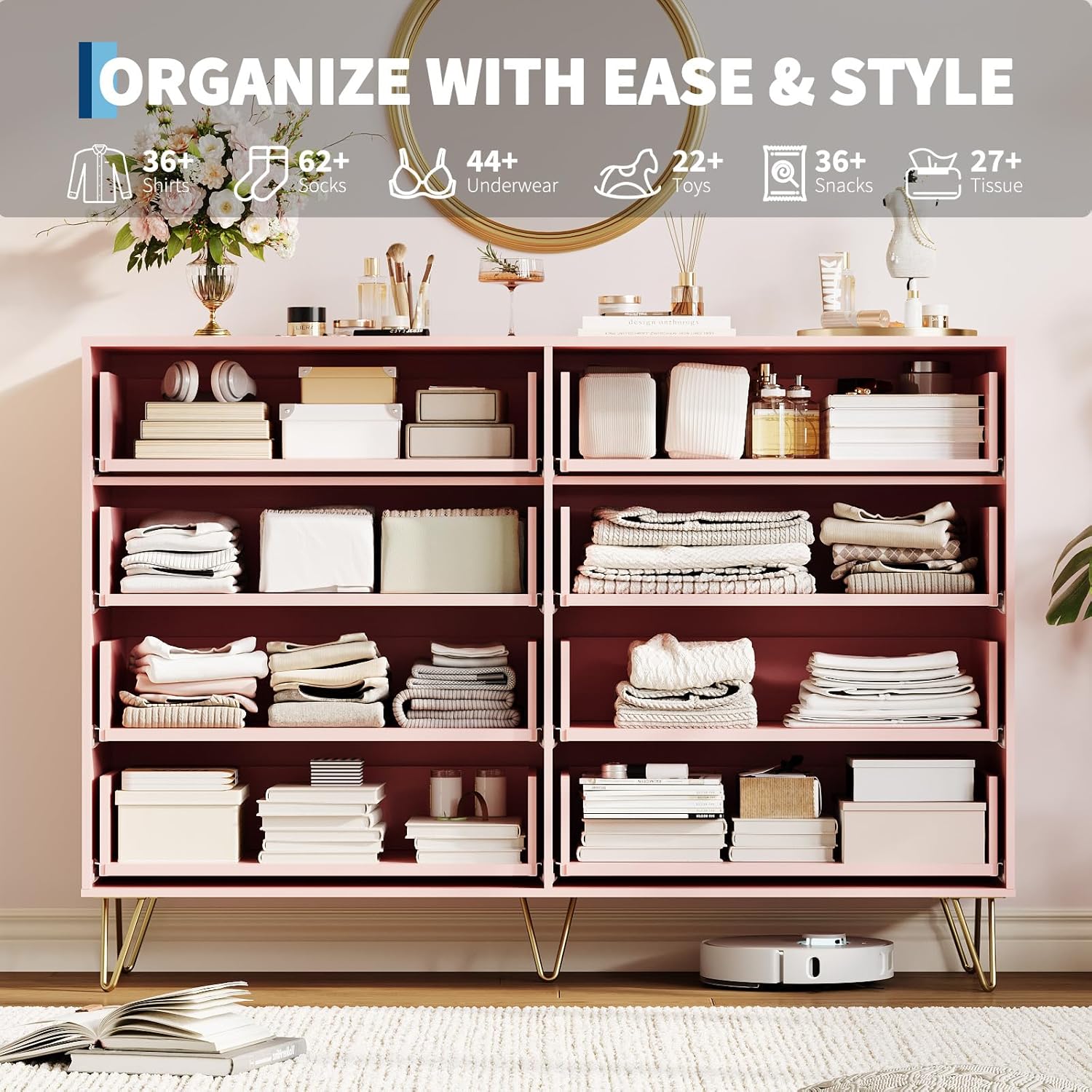 Garvee Fluted Dresser for Bedroom with 8 Drawers,55" Wide Modern Chest of Wooden Bedroom Chest with Metal Handle,Clothes Storage Organizer,Closet Dresser & TV Stand for Living Room,Hallway