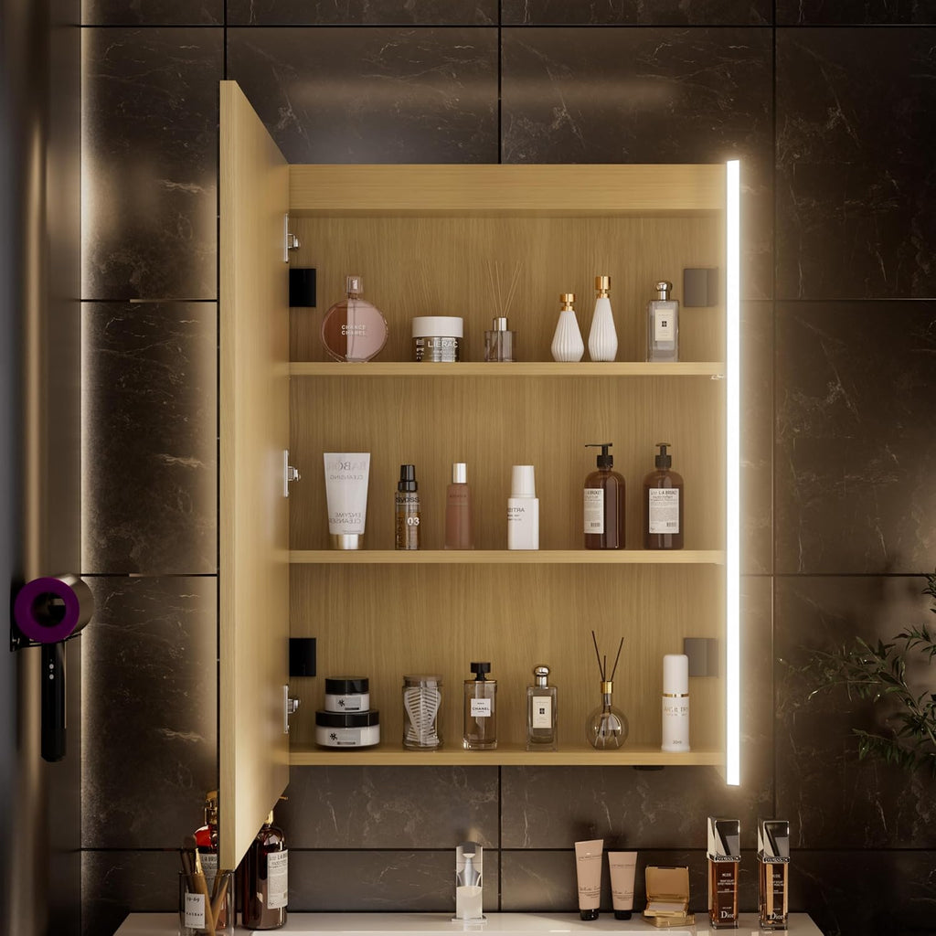 30 x 23-1/4 Inch LED Lighted Medicine Cabinet with Mirror, Moisture-Resistant Wood, Stepless Dimmable, 3000K/5500K, Adjustable Shelf, Flat-Pack Design – Assembly Required, Oak
